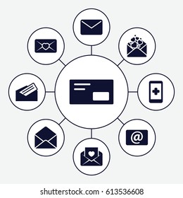 Email icons set. set of 9 email filled icons such as love letter, envelope, email, letter, envelop, mail