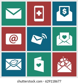 Email icons set. set of 9 email filled icons such as love letter, email, mail, envelope with dollar bill