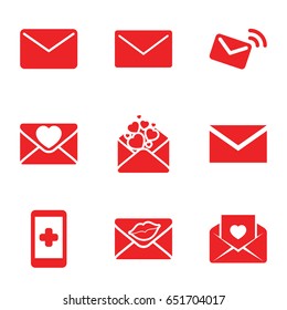 Email icons set. set of 9 email filled icons such as mail, love letter