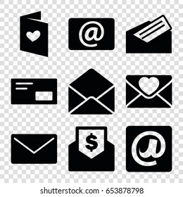 Email icons set. set of 9 email filled icons such as love letter, envelope, letter, envelop, envelope with dollar bill