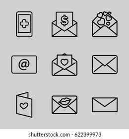 Email icons set. set of 9 email outline icons such as mail, love letter, email, envelope with dollar bill