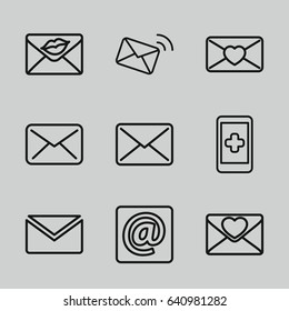 Email icons set. set of 9 email outline icons such as love letter, at email, mail
