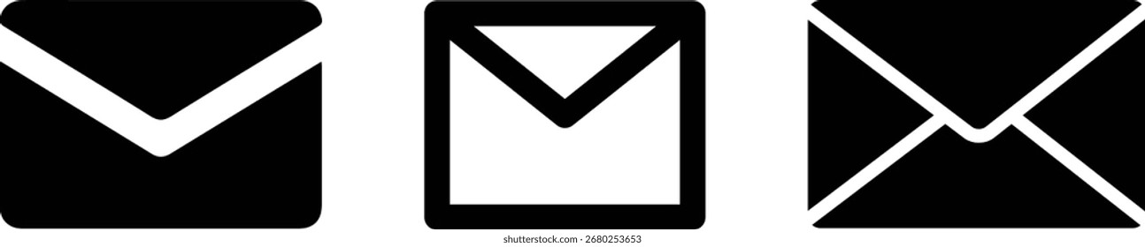  Conjunto de iconos de correo electrónico. Símbolo de sobre negro, Colección de ícono de mensaje de correo, Elementos de diseño de comunicación y contacto.