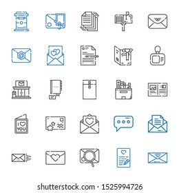 email icons set. Collection of email with envelope, love letter, message, postcard, files, contact, post office, card, file, mailbox. Editable and scalable email icons.