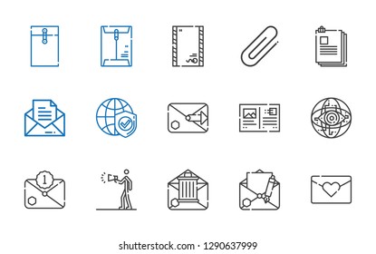 email icons set. Collection of email with love letter, advertising, internet, postcard, message, files, clip, envelope. Editable and scalable email icons.