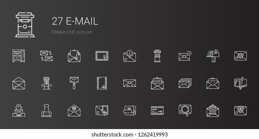 e-mail icons set. Collection of e-mail with email, mail, post it, paper clip, envelope, mailbox, letterbox, mailing. Editable and scalable e-mail icons.