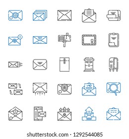 e-mail icons set. Collection of e-mail with email, mail, mailing, letterbox, mailbox, envelope, paper clip, post it. Editable and scalable e-mail icons.