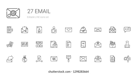 email icons set. Collection of email with mail, file, global online, outbox, paper clip, stationary, message, postcard, love letter, inbox. Editable and scalable email icons.