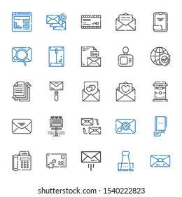 email icons set. Collection of email with mail, paper clip, message, postcard, fax, contact, mailing, billboard, envelope, mailbox, love letter. Editable and scalable email icons.