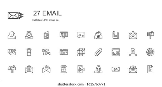 email icons set. Collection of email with mail, mailbox, website, clip, internet, mailing, letterbox, files, inbox, postcard, file, love letter. Editable and scalable email icons.
