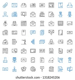 email icons set. Collection of email with mailbox, file, files, mail, internet, cards, letterbox, card, outbox, paper clip, envelope, billboard. Editable and scalable email icons.