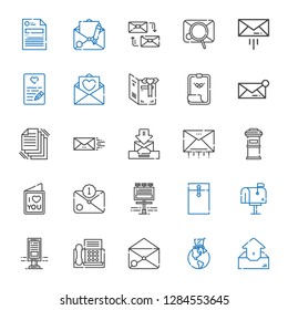email icons set. Collection of email with outbox, global online, fax, billboard, mailbox, envelope, love letter, letterbox, files, message. Editable and scalable email icons.