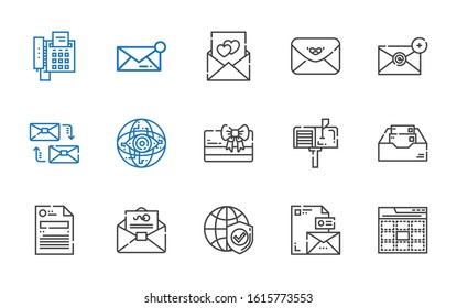 email icons set. Collection of email with web, stationary, internet, mail, file, inbox, mailbox, card, mailing, envelope, love letter, message. Editable and scalable email icons.