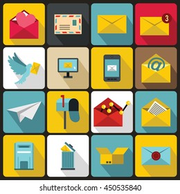 Email icons set in flat ctyle. Postal and mailing signs set collection vector illustration