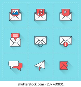 Email icons. Vector icon set in flat design style. For web site design and mobile apps