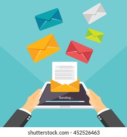 Email illustration. Sending or receiving email by tablet or smartphone concept illustration. Email marketing. Broadcast messages.