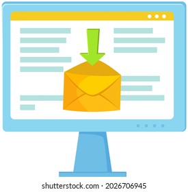 Email illustration. Sending or receiving email concept flat design. Email marketing. Laptop with envelope and document on screen. Modern means of communication, electronic mailbox, download message
