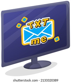 Email illustration. Sending or receiving email concept. Email marketing, sticker with txt me. Laptop with envelope and document on screen. Email communication, online advertising concept, newsletter