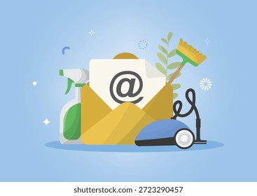 Herramientas de limpieza de la bandeja de entrada de correo electrónico. Limpieza y organización de la bandeja de entrada de correo electrónico digital. Concepto de día de limpieza digital. Limpie y Borrar sus correos electrónicos. sostenibilidad Corporativa. Estilo plano. Ilustración vectorial