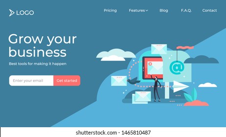 Email inbox flat tiny person vector illustration landing page template design. Marketing data base, advertising mailing list online business service. Lead generation start-up strategy.
