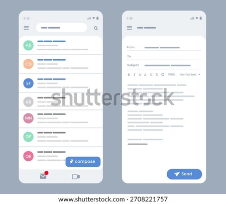 email inbox list mobile application screens message previews and compose mail interface electronic mail design layout