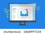 Email inbox message interface on the computer screen. Notification of new unread mails icon. Email inbox communication software for business concept. Vector illustration with blue background.