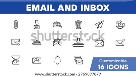 Email and Inbox Vector Icons, a Customizable Set of 16 Outline Symbols for Digital Communication and Messaging Interfaces, Perfect for Web and App Design.