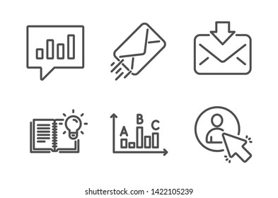 E-mail, Incoming mail and Survey results icons simple set. Product knowledge, Analytical chat and User signs. Mail delivery, Download message. Education set. Line e-mail icon. Editable stroke. Vector