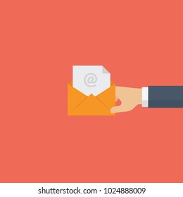 Email and incoming messages concept. Mail delivery service. People hand holding yellow envelope in flat style