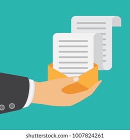 Email and incoming messages concept. Vector illustration. Hand holds envelope. 