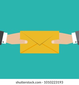 Email and incoming messages concept. Vector illustration. Hand holds envelope. 