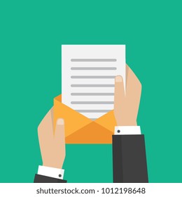 Email and incoming messages concept. Vector illustration. Hand holds envelope. 
