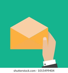 Email and incoming messages concept. Vector illustration. Hand holds envelope. 