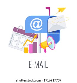 Email Infographics Pictogram. Envelope is in mailbox. Message in mail. Strategy, management and marketing. Flat vector illustration.