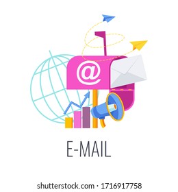 Email Infographics Pictogram. Envelope is in mailbox. Message in mail. Strategy, management and marketing. Flat vector illustration.