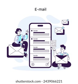 Email Interface Concept. Characters interacting with a modern email app on a smartphone, symbolizing efficient digital communication. Vector illustration