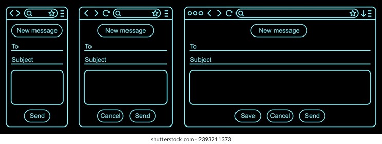 Interfaz de correo electrónico modo oscuro, ventana de correo de esquema, nuevo marco de mensaje en línea ventana de simulación de navegador en computadora, tablet y teléfono móvil, correo electrónico en blanco estilo línea moderno - vector stock