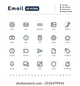 Email interface Line Icon Set – Pixel Perfect Editable Stroke Vector Design