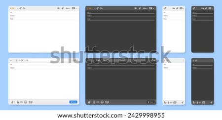 Email interface. Mail client new message window user interface, desktop and mobile layout vector UI template illustration set. Dark and light mode pages for laptop and smartphone screens