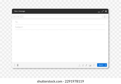 Interfaz de correo electrónico. Ventana de envío de comentarios para el formulario de comentarios. Plantilla de la ventana del explorador para el formulario de contacto. Ilustración vectorial aislada en un vector de fondo transparente.