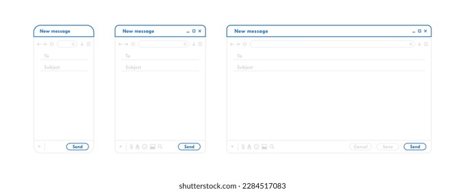 Email interface. Outline mail window template for mobile phone, tablet and computer. Internet new message frame, blank email. Modern line style vector illustration.