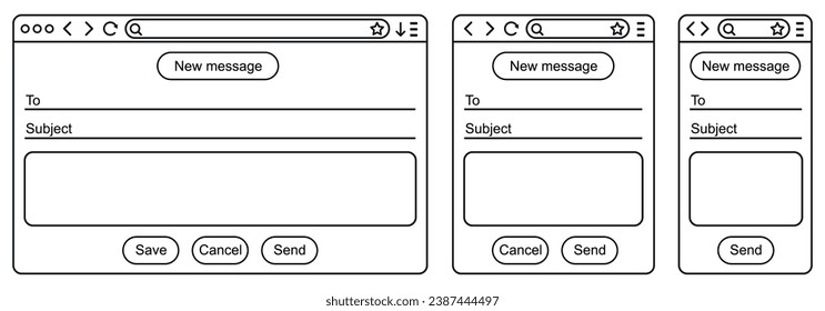 Email interface, outline mail window, internet new message frame in line template mockup browser window on computer, tablet and mobile phone, modern line style blank email - stock vector