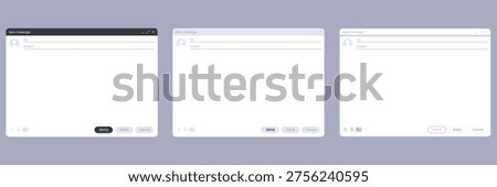 Email interface theme variations with dark light and blue window header colors in different color schemes. Dark mode light mode and blue header variants for software interface design.