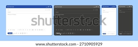 Email Interface UI Set – Light and Dark Mode New Message Window Templates for Desktop and Mobile, Modern Mail Client Vector Illustration