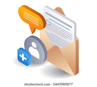 Email invitando a nuevos seguidores, ilustración 3d isométrica plana