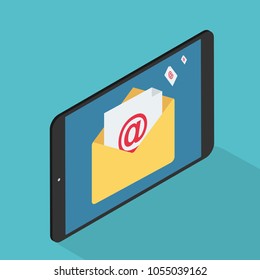 E-mail, Isometric conceptual composition poster with sending sms, notifications on mobile phones, illustration, smartphone with messages, read and unread messages, concept of mail on mobile phone.