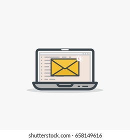 Email and laptop concept. You've got a mail notification sign. One new message. Modern line style vector illustration. Notebook with e-mail web page interface and envelope with notification. 
