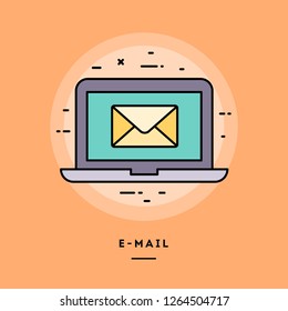 E-mail, laptop with an envelope, flat design thin line banner, usage for e-mail newsletters, web banners, headers, blog posts, print and more. Vector illustration.