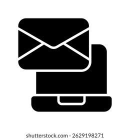 Icono de Vector del ordenador portátil para la comunicación moderna de la oficina. Papeleo y gestión de correo electrónico, mensajería remota y flujo de trabajo empresarial. Icono de glifo