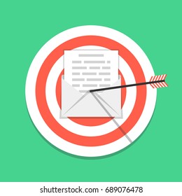 Email letter with arrow on the target. Email marketing, internet advertising concepts. Flat cartoon style. Vector illustration.
